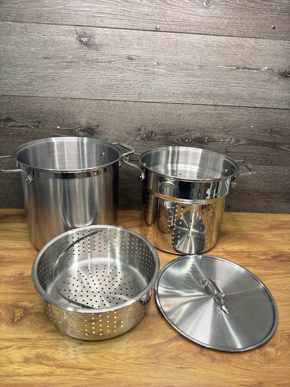 ALL CLAD Stainless Steel 12 Qt Stock Pot Pasta Pentola Strainer Steamer ~4 Pc
